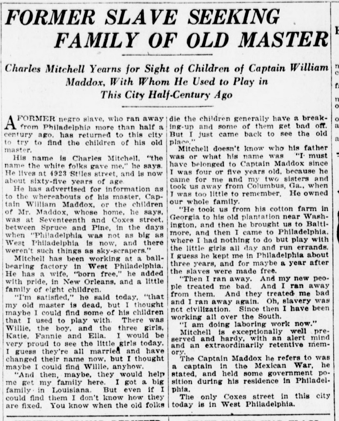 1919 Article about former slave searching for descendants of his enslavers.